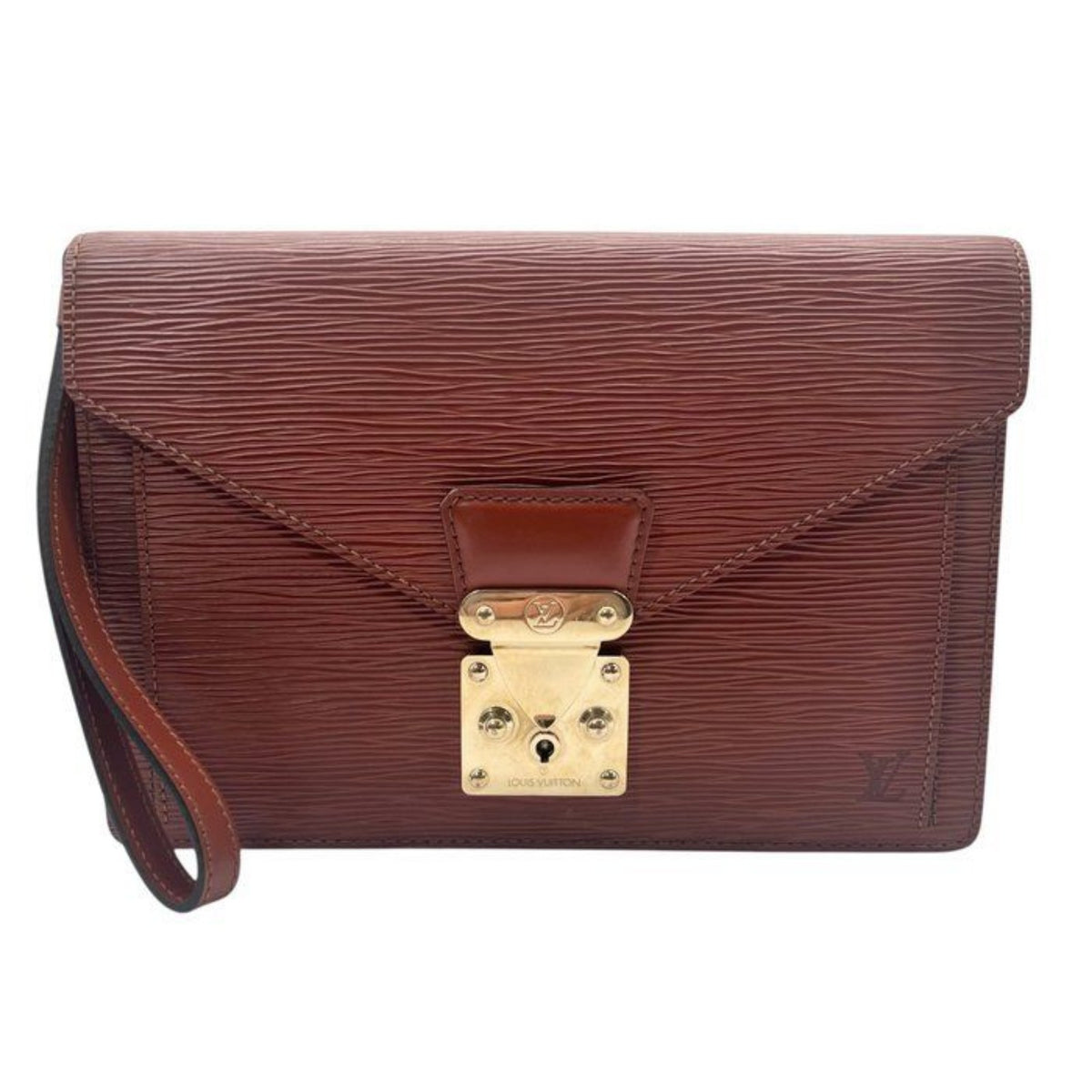Louis Vuitton brown Epi leather pochette bag with gold hardware and textured finish.