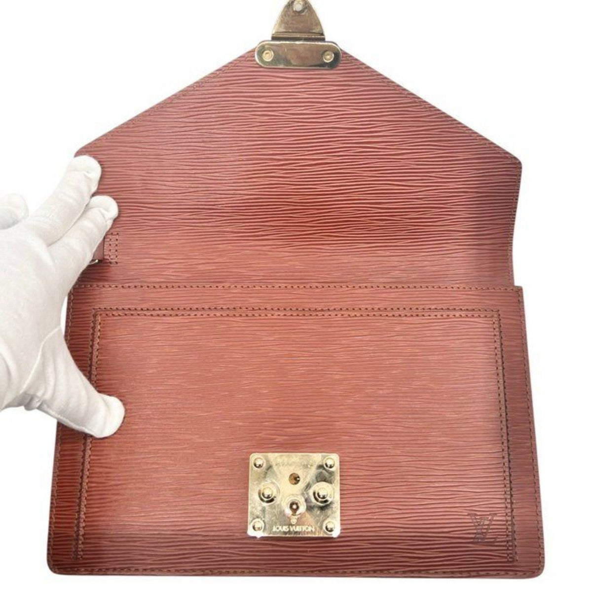 Louis Vuitton brown Epi leather pochette bag with gold hardware and textured finish.