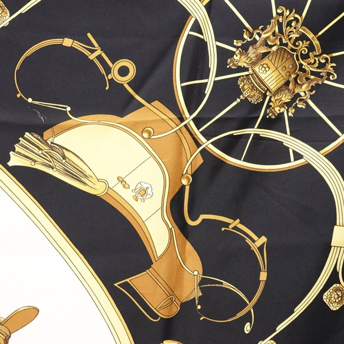 Hermès “Springs” Silk Carré Scarf 90 cm – Classic Equestrian Saddle Design