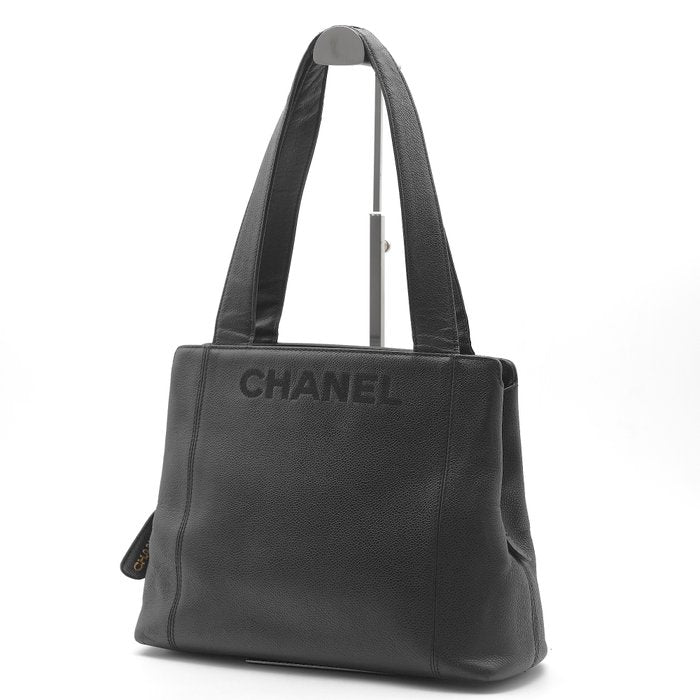 CHANEL Logo Caviar Leather Tote Bag with Charm, Black