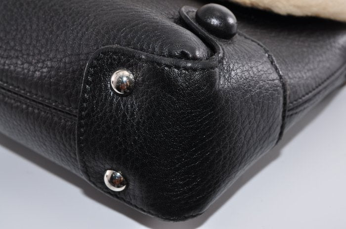 Salvatore Ferragamo Gancini Black Leather Bag with Shearling Trim
