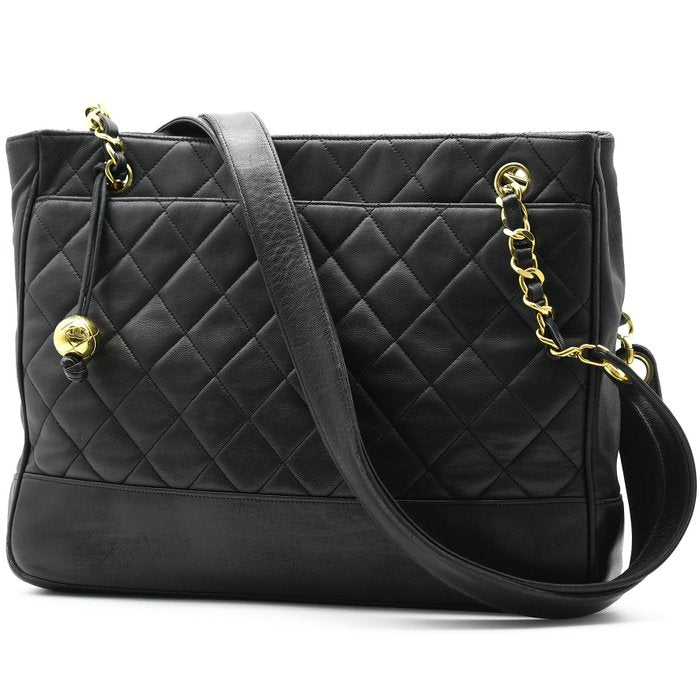 Chanel Matelassé Chain Tote Bag – Black Lambskin, Pearl Crush Charm