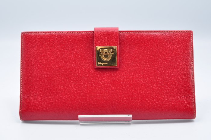 Salvatore Ferragamo Gold & Red Leather Long Wallet