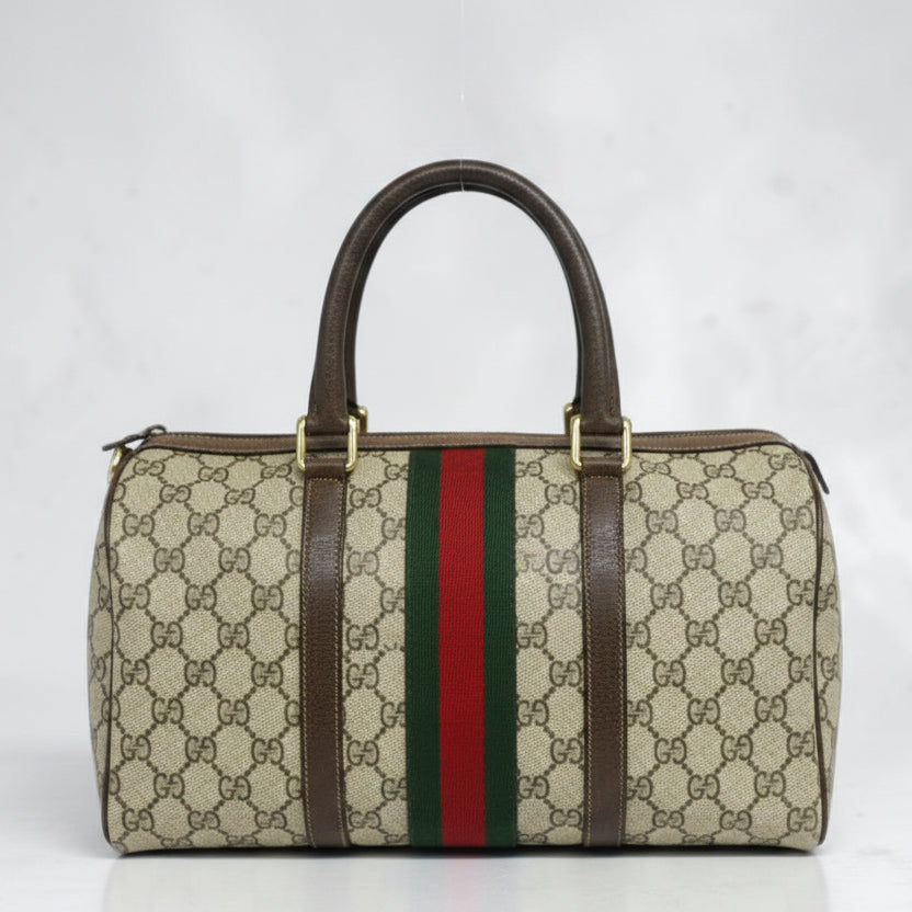 Gucci GG Supreme Sherry Line Boston Bag in Beige and Brown