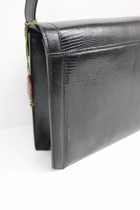 Yves Saint Laurent Black Y Logo Lizard Embossed Leather Shoulder Bag – 2-Way Clutch