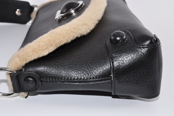 Salvatore Ferragamo Gancini Black Leather Bag with Shearling Trim