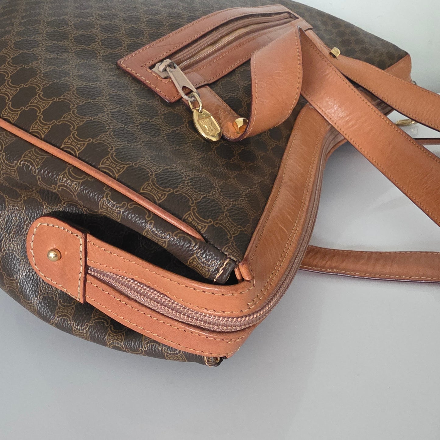 Vintage Celine Macadam Croissant Canvas Tote Bag with Leather Trim