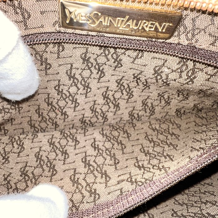 Yves Saint Laurent Khaki PVC & Brown Leather Clutch Bag – Gold-Plated Details