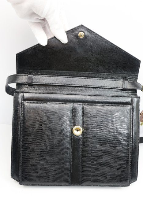 Yves Saint Laurent Black Y Logo Lizard Embossed Leather Shoulder Bag – 2-Way Clutch