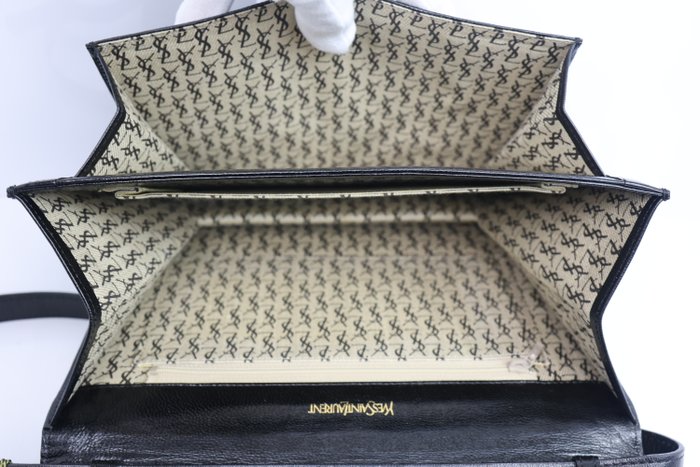 Yves Saint Laurent Black Y Logo Lizard Embossed Leather Shoulder Bag – 2-Way Clutch