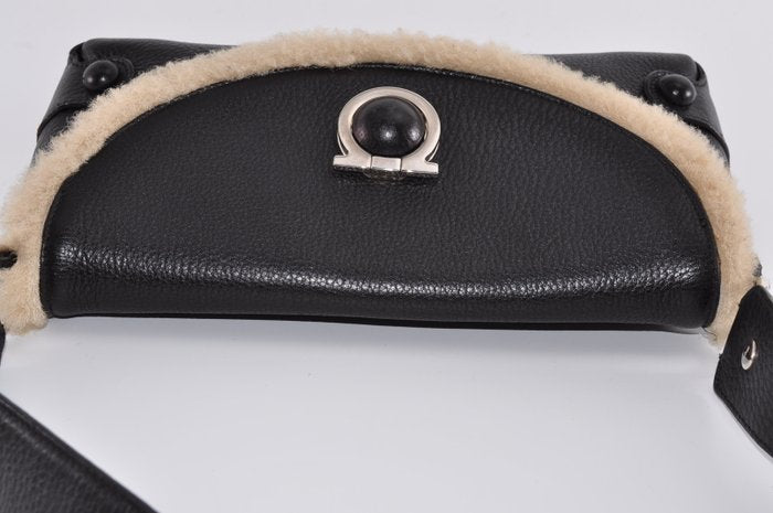 Salvatore Ferragamo Gancini Black Leather Bag with Shearling Trim