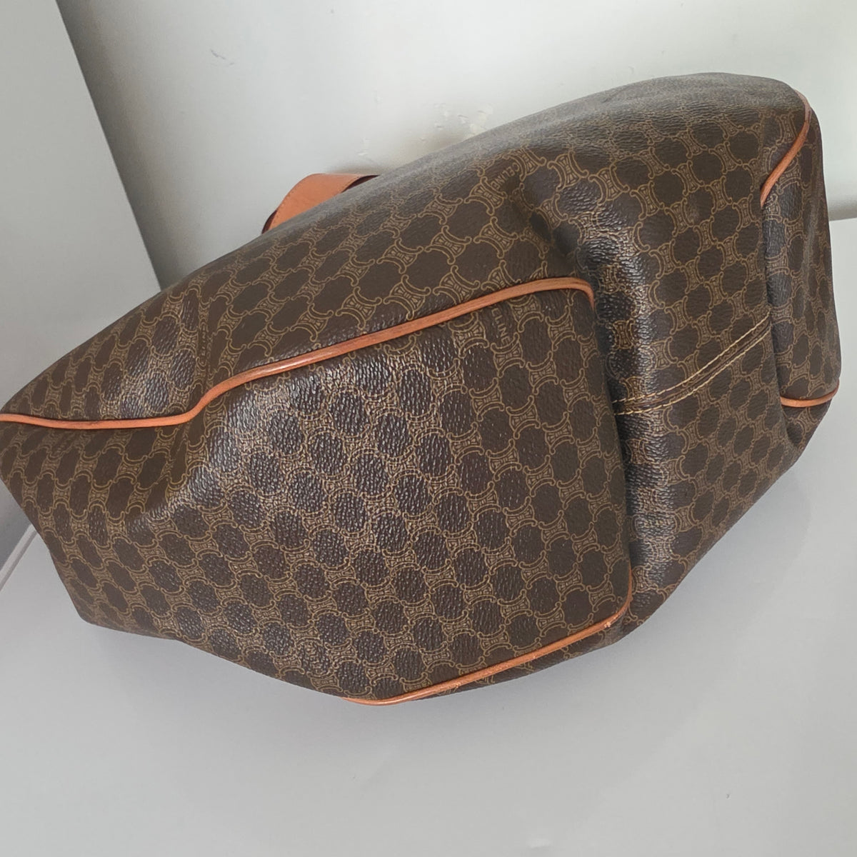 Vintage Celine Macadam Croissant Canvas Tote Bag with Leather Trim