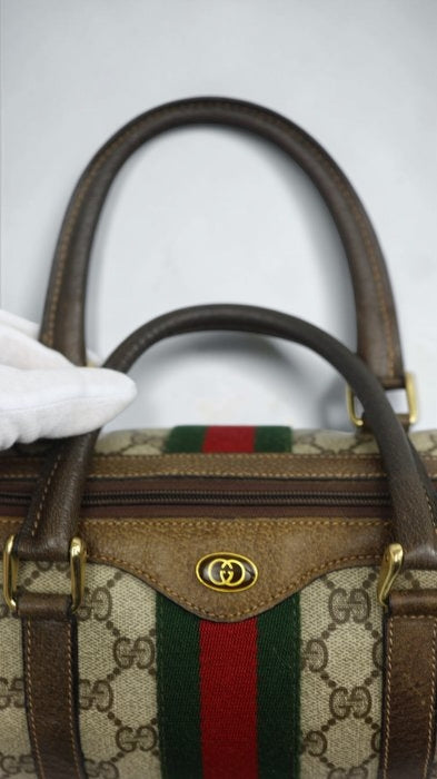 Gucci GG Supreme Sherry Line Boston Bag in Beige and Brown