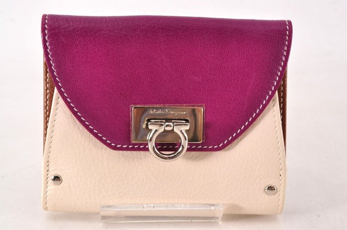 Salvatore Ferragamo Gancini Bordeaux Leather Compact Wallet with Box