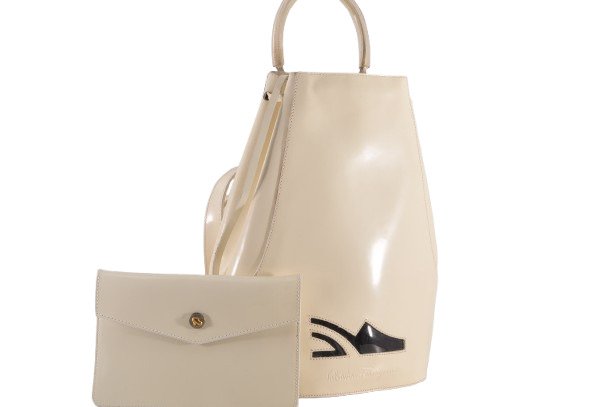 Salvatore Ferragamo Cream Leather Backpack Bag with Matching Pouch