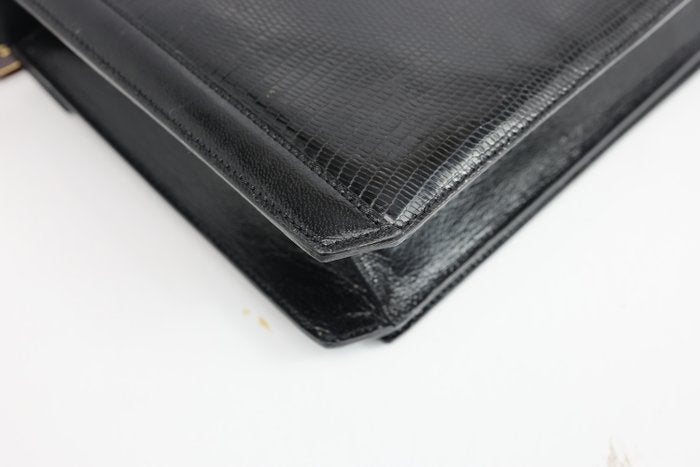 Yves Saint Laurent Black Y Logo Lizard Embossed Leather Shoulder Bag – 2-Way Clutch