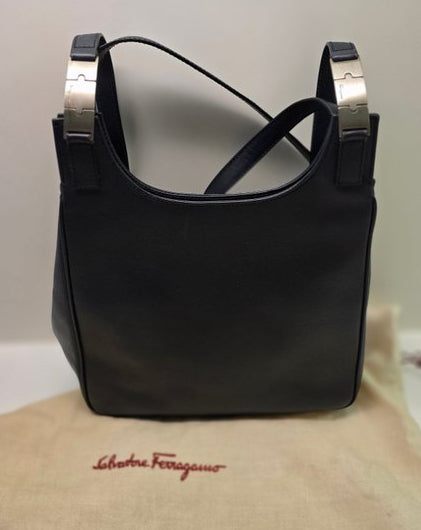 Salvatore Ferragamo Black Hammered  Shoulder Bag