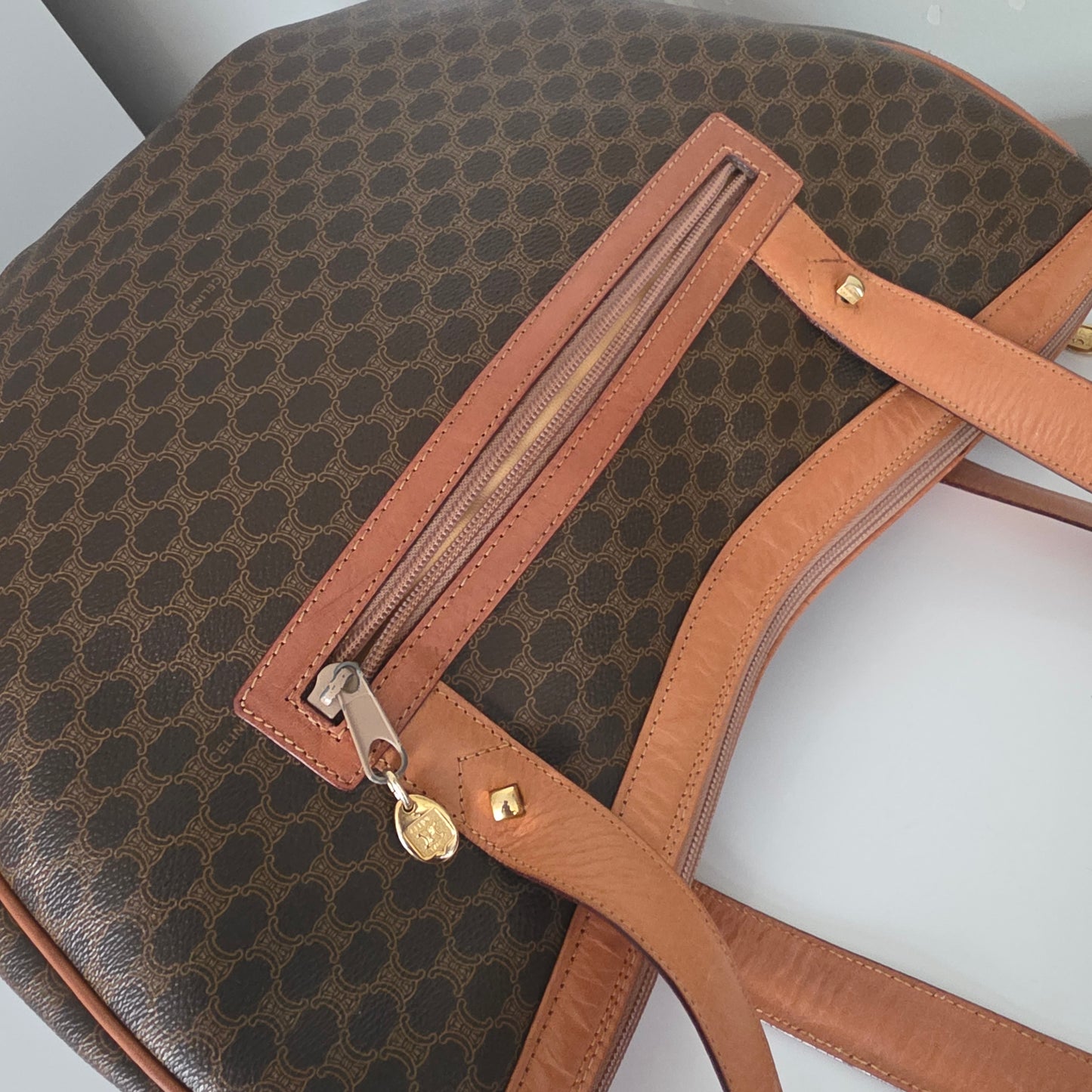 Vintage Celine Macadam Croissant Canvas Tote Bag with Leather Trim