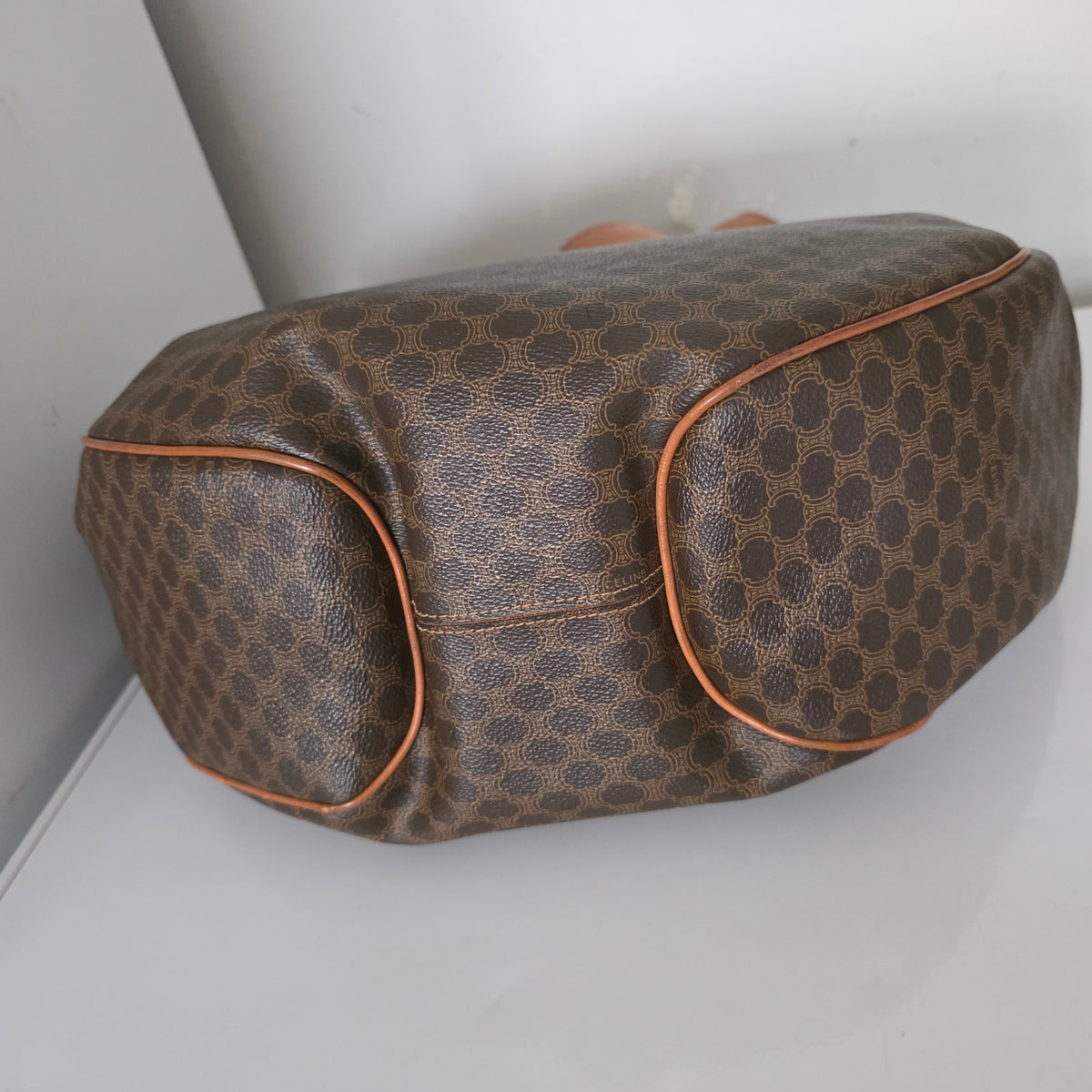 Vintage Celine Macadam Croissant Canvas Tote Bag with Leather Trim