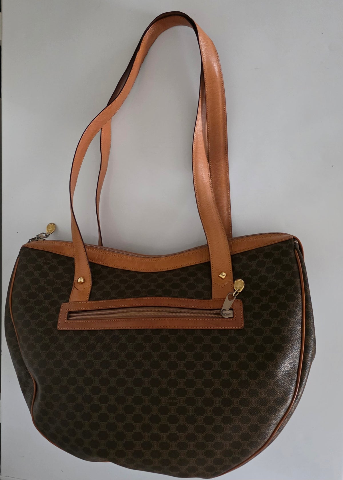 Vintage Celine Macadam Croissant Canvas Tote Bag with Leather Trim