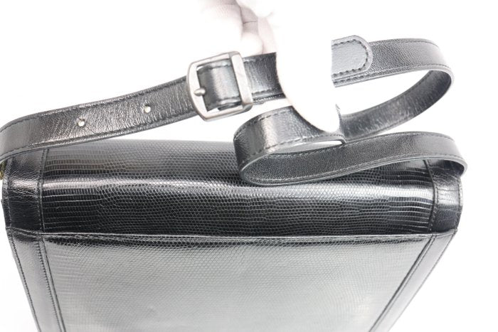 Yves Saint Laurent Black Y Logo Lizard Embossed Leather Shoulder Bag – 2-Way Clutch