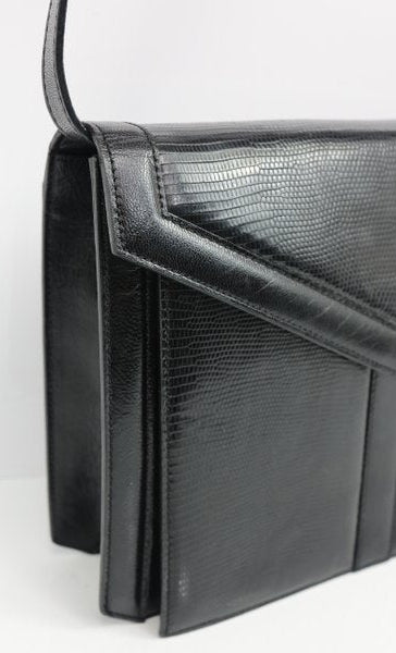 Yves Saint Laurent Black Y Logo Lizard Embossed Leather Shoulder Bag – 2-Way Clutch