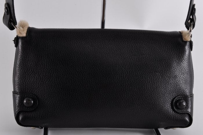 Salvatore Ferragamo Gancini Black Leather Bag with Shearling Trim