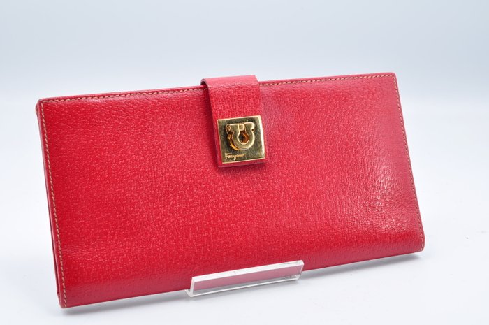 Salvatore Ferragamo Gold & Red Leather Long Wallet