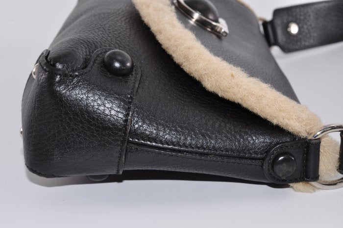 Salvatore Ferragamo Gancini Black Leather Bag with Shearling Trim