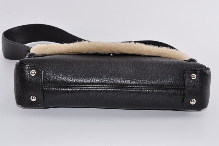 Salvatore Ferragamo Gancini Black Leather Bag with Shearling Trim