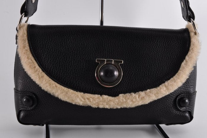 Salvatore Ferragamo Gancini Black Leather Bag with Shearling Trim