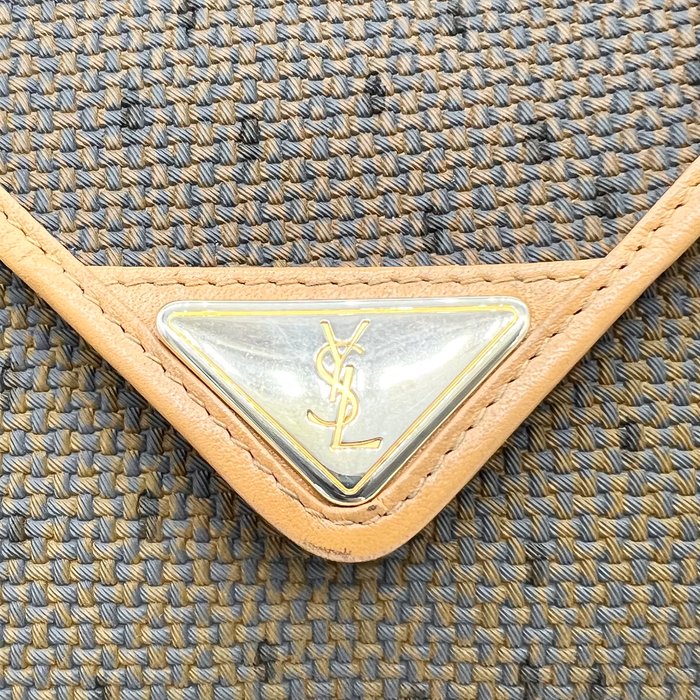 Yves Saint Laurent Khaki PVC & Brown Leather Clutch Bag – Gold-Plated Details