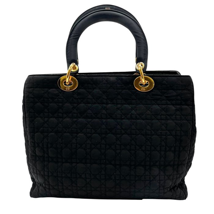 Christian Dior Black Quilted Nylon Tote Bag Medium Lady Dior