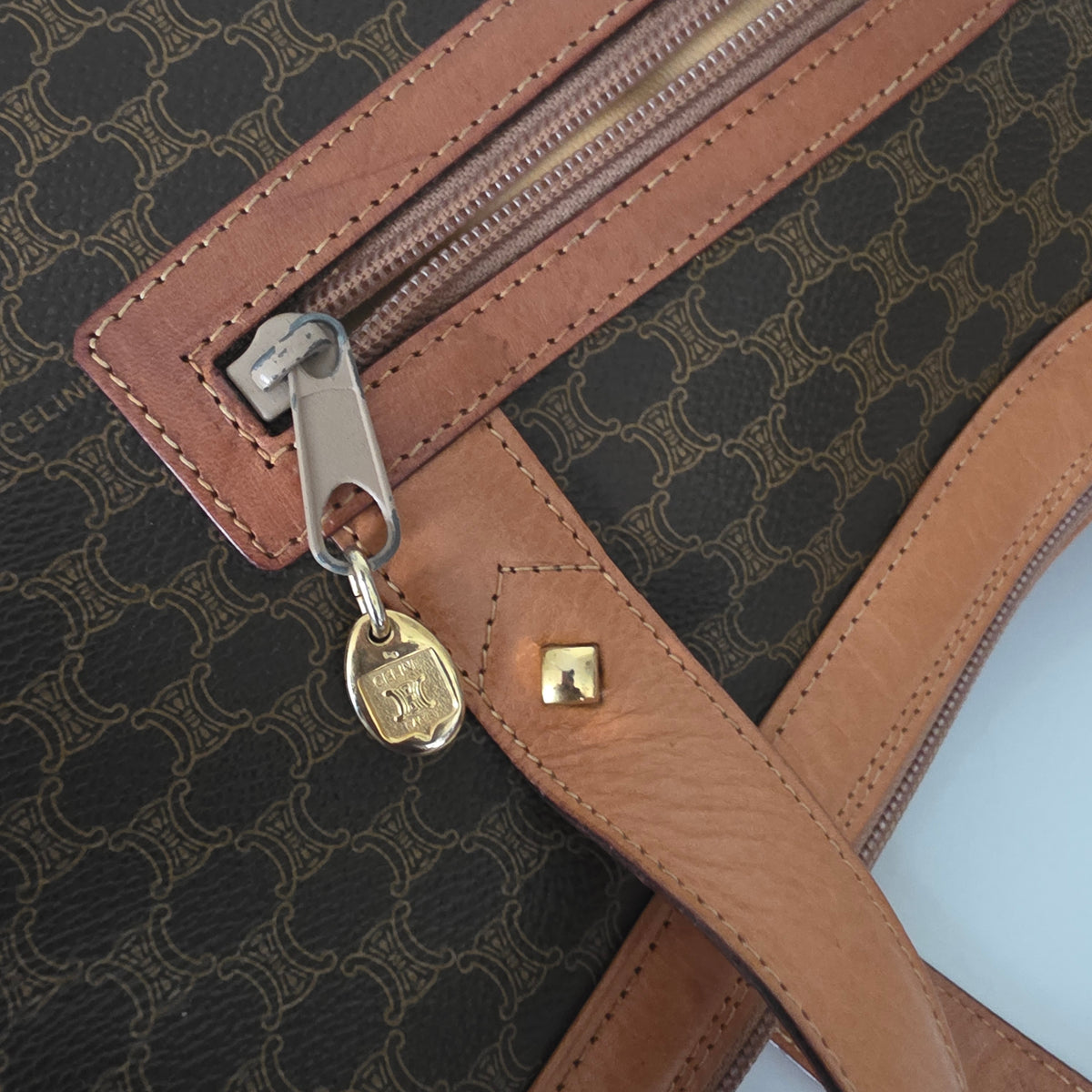 Vintage Celine Macadam Croissant Canvas Tote Bag with Leather Trim