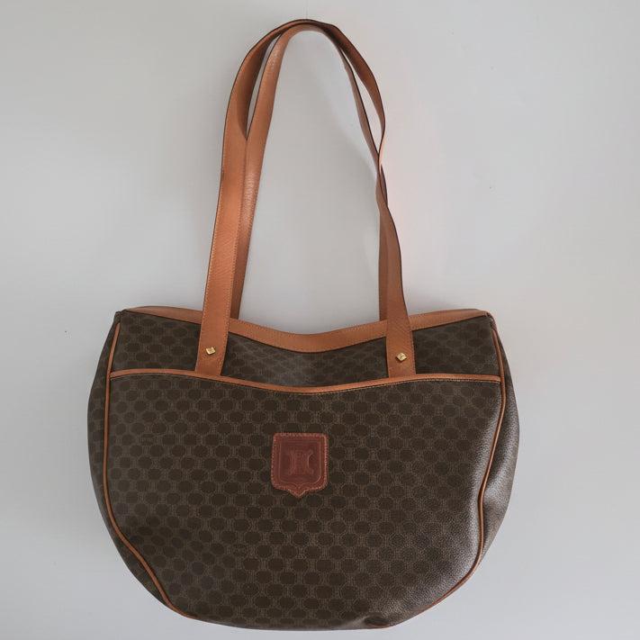 Vintage Celine Macadam Croissant Canvas Tote Bag with Leather Trim