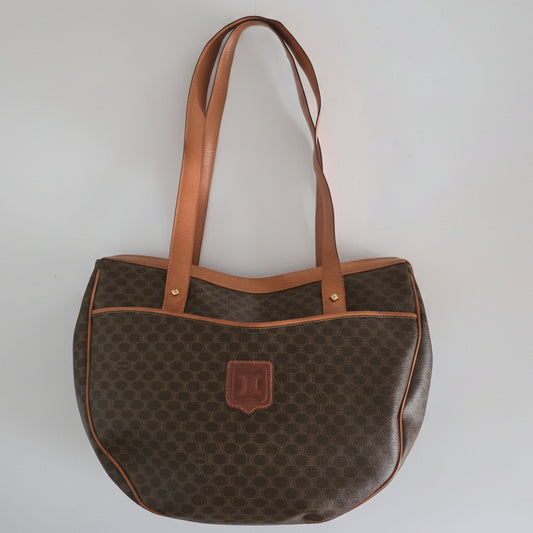 Vintage Celine Macadam Croissant Canvas Tote Bag with Leather Trim