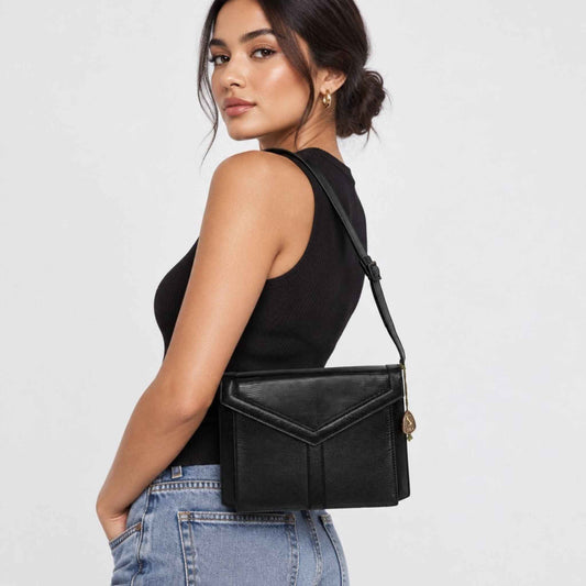 Yves Saint Laurent Black Y Logo Lizard Embossed Leather Shoulder Bag – 2-Way Clutch