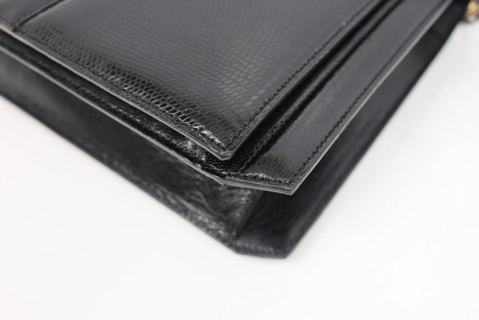 Yves Saint Laurent Black Y Logo Lizard Embossed Leather Shoulder Bag – 2-Way Clutch