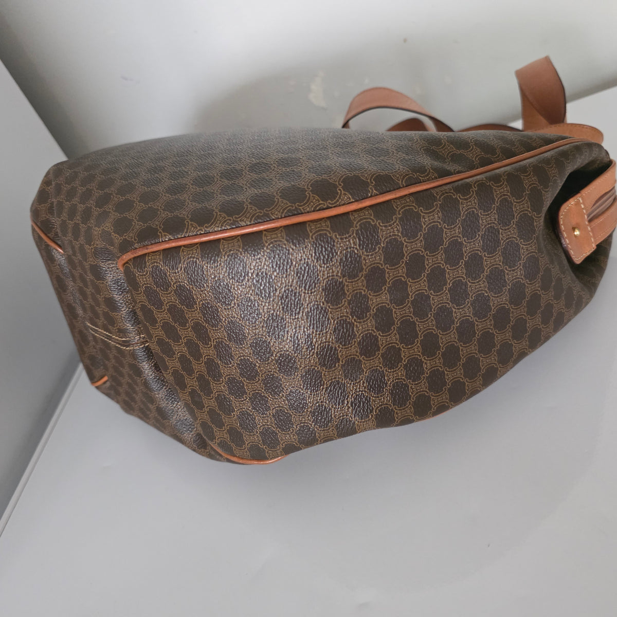 Vintage Celine Macadam Croissant Canvas Tote Bag with Leather Trim