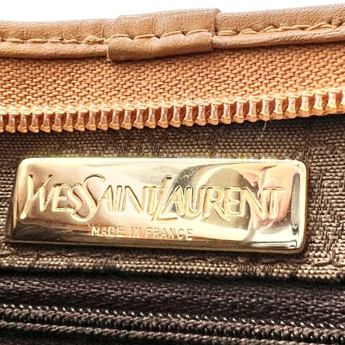 Yves Saint Laurent Khaki PVC & Brown Leather Clutch Bag – Gold-Plated Details
