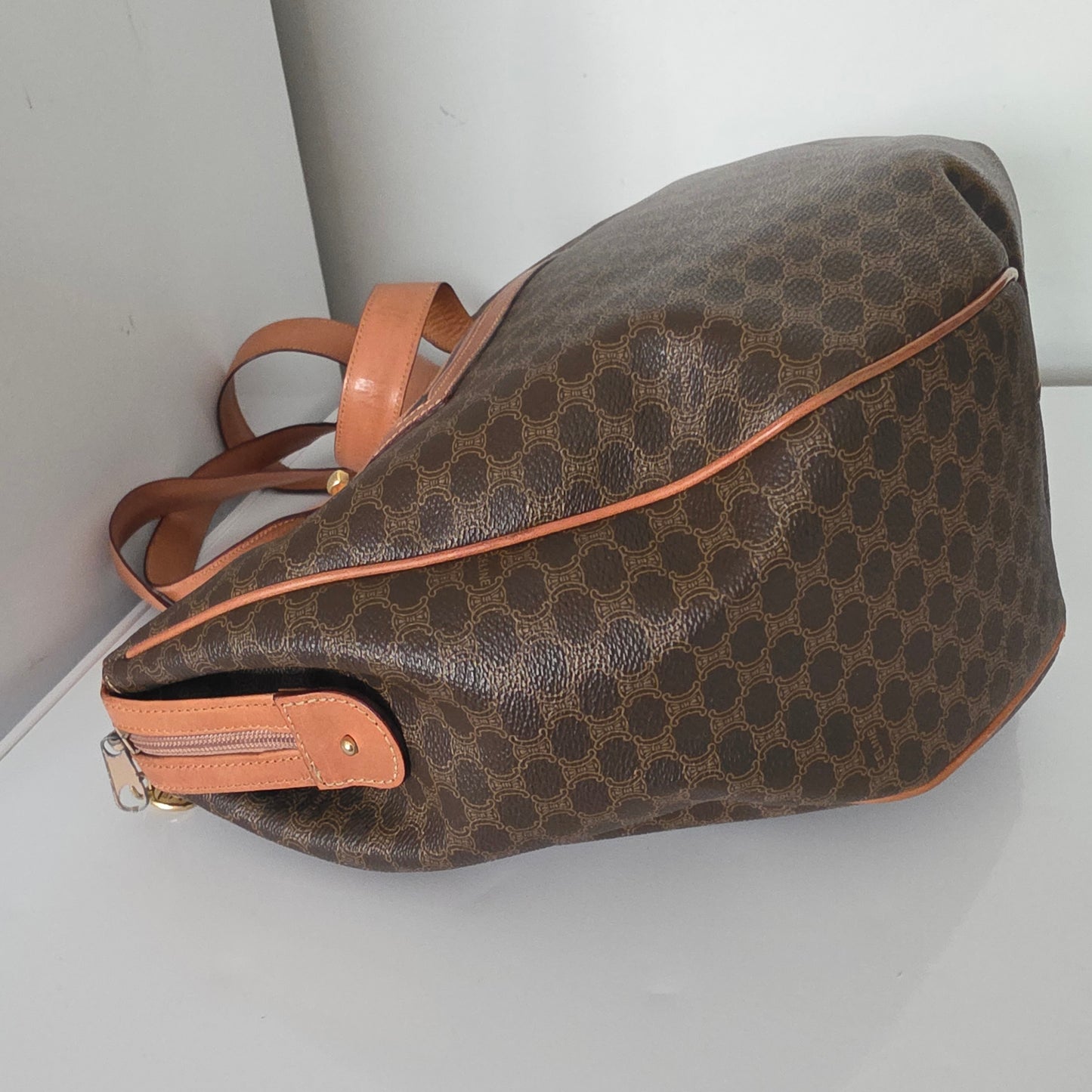 Vintage Celine Macadam Croissant Canvas Tote Bag with Leather Trim