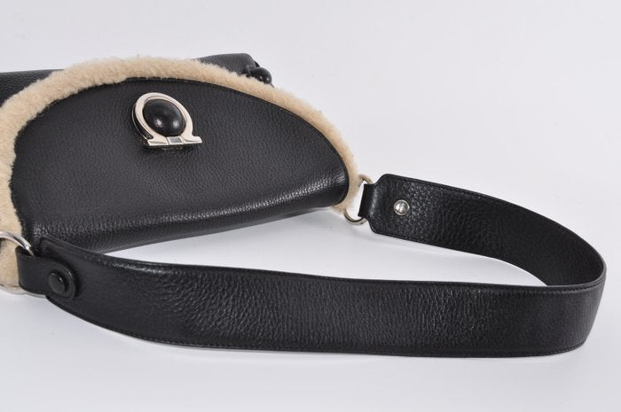 Salvatore Ferragamo Gancini Black Leather Bag with Shearling Trim